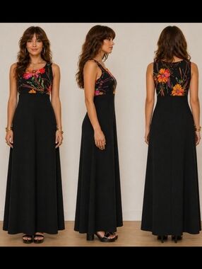 Vintage 70s Floral Maxi Black Hostess Cocktail Evening Party Dress | Size M